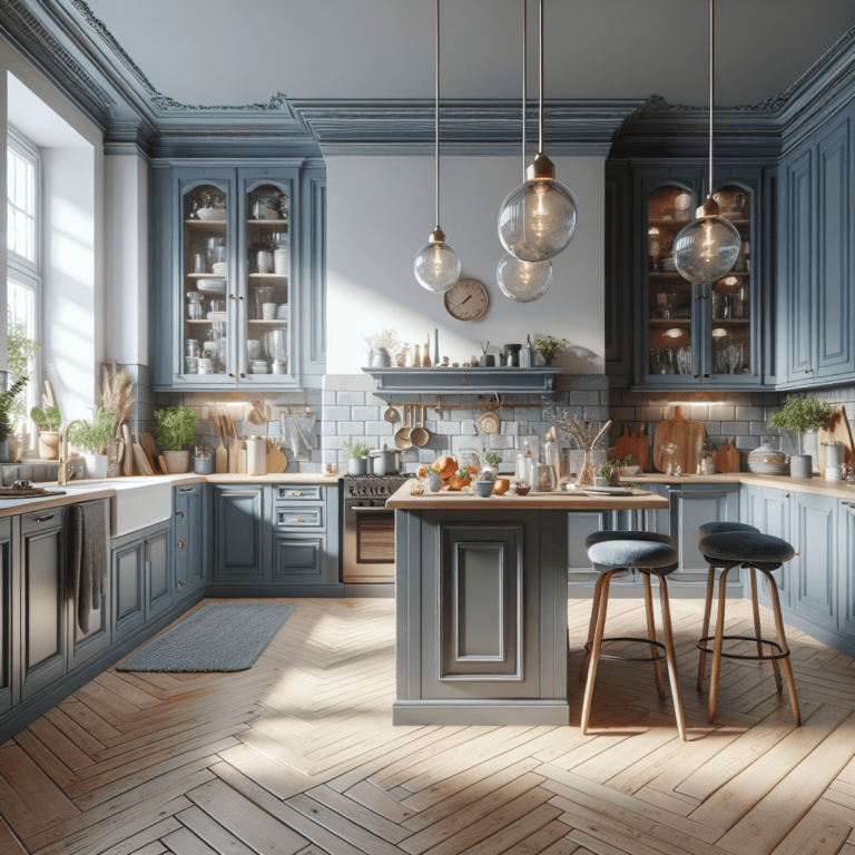 blaugraue Küche im Vintage Chic Stil-Stuttgart